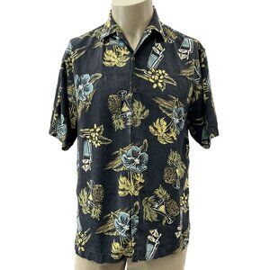 Tommy Baham Silk Hawaiian Button Shirt Martini Cocktail Floral Pineapple Mens M‎